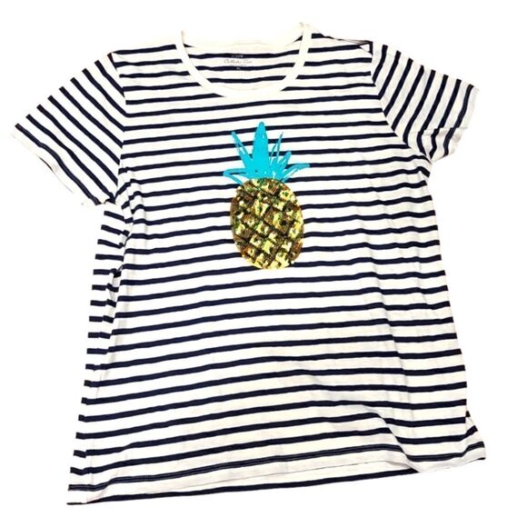 J. Crew Sequin Pineapple Tee, Navy & White Striped, Summer, Spring | XL - Picture 2 of 10